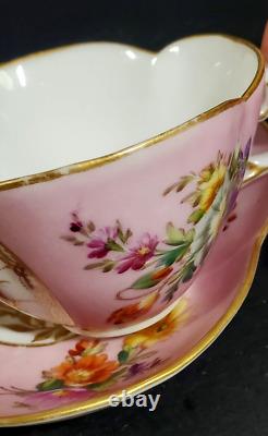 Helena Wolfsohn Dresden Hand Painted Pink Quatrefoil Armorial Crest Cup Saucer