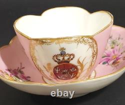 Helena Wolfsohn Dresden Hand Painted Pink Quatrefoil Armorial Crest Cup Saucer