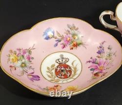 Helena Wolfsohn Dresden Hand Painted Pink Quatrefoil Armorial Crest Cup Saucer