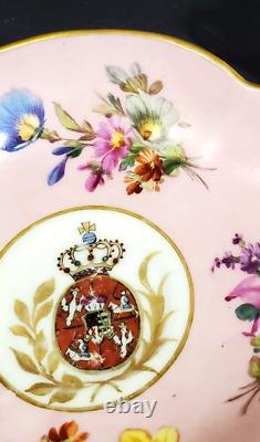 Helena Wolfsohn Dresden Hand Painted Pink Quatrefoil Armorial Crest Cup Saucer