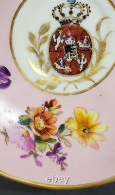 Helena Wolfsohn Dresden Hand Painted Pink Quatrefoil Armorial Crest Cup Saucer