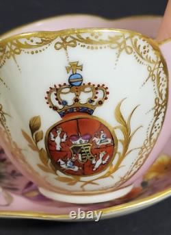 Helena Wolfsohn Dresden Hand Painted Pink Quatrefoil Armorial Crest Cup Saucer