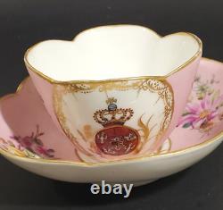 Helena Wolfsohn Dresden Hand Painted Pink Quatrefoil Armorial Crest Cup Saucer