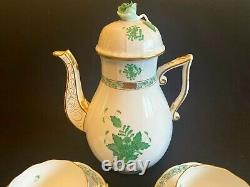 Herend Porcelain Handpainted Green Chinese Bouquet Tea Pot, Cup And Saucer (av)