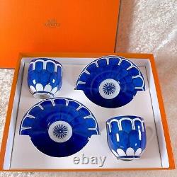 Hermes Bleus d'Ailleurs Demitasse Coffee Cup & Saucer Porcelain 2 Sets with Case