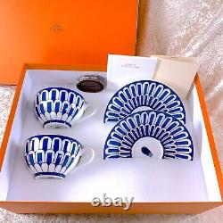 Hermes Bleus d'Ailleurs Tea Cup & Saucer 2 Sets Blue Porcelain Tableware withCase