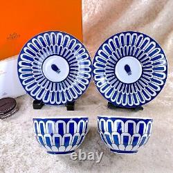 Hermes Bleus d'Ailleurs Tea Cup & Saucer 2 Sets Blue Porcelain Tableware withCase