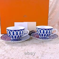 Hermes Bleus d'Ailleurs Tea Cup & Saucer 2 Sets Blue Porcelain Tableware withCase