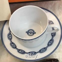 Hermes Chaine D'ancre Cup and Saucer 2 set with Box Blue Dinnerware coffee R15