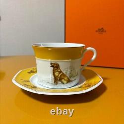 Hermes Cup & Saucer France Porcelain Chasse Yellow Labrador 6.7in With Box