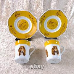 Hermes Demitasse Cup & Saucer Basset Hound Dog Yellow Porcelain Tableware 2 Sets