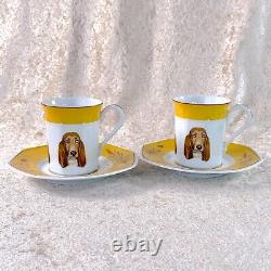 Hermes Demitasse Cup & Saucer Basset Hound Dog Yellow Porcelain Tableware 2 Sets