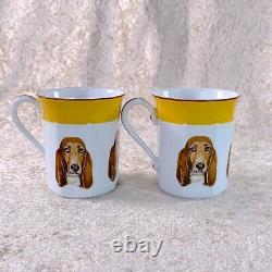 Hermes Demitasse Cup & Saucer Basset Hound Dog Yellow Porcelain Tableware 2 Sets