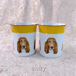 Hermes Demitasse Cup & Saucer Basset Hound Dog Yellow Porcelain Tableware 2 Sets