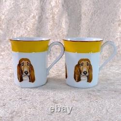 Hermes Demitasse Cup & Saucer Basset Hound Dog Yellow Porcelain Tableware 2 Sets