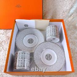 Hermes Demitasse Cup & Saucer Mosaique Au 24 Platinum 2 Sets Tableware withCase