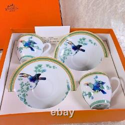 Hermes Demitasse Cup & Saucer Porcelain Toucans 2 Sets Porcelain Tableware withBox