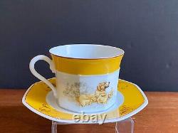 Hermes France Porcelain Chasse Yellow breakfast cup & saucer, Figural Dogs, mint
