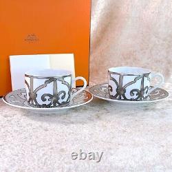 Hermes Guadalquivir Platinum Tea & Cup Saucer Porcelain Tableware 2 Sets withBox