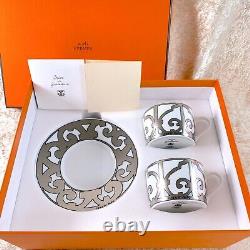 Hermes Guadalquivir Platinum Tea & Cup Saucer Porcelain Tableware 2 Sets withBox