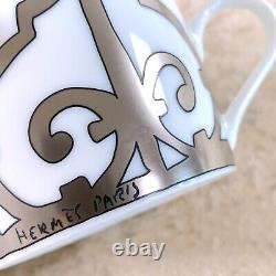 Hermes Guadalquivir Platinum Tea & Cup Saucer Porcelain Tableware 2 Sets withBox