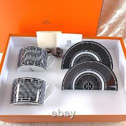 Hermes Large Morning Breakfast Soup Cup Saucer H Deco Porcelain 2 Sets with Box