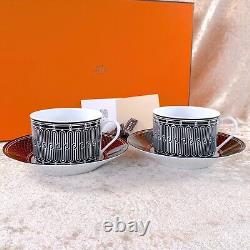 Hermes Large Morning Breakfast Soup Cup Saucer H Deco Porcelain 2 Sets with Box