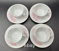 Hermes Les Pivoines Limoges 4 Sets Flat Cups & Saucers Coffee Porcelain France