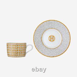 Hermes Mosaique Au 24 Gold Pair Of Teacups And Saucers #p026016p Brand Nib F/sh