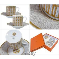 Hermes Mosaique au 24 Coffee Cup & Saucer Set of 2 Gold Porcelain Dinnerware 36