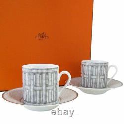Hermes Mosaique au 24 Coffee Cup & Saucer Set of 2 Platinum Porcelain