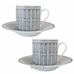 Hermes Mosaique au 24 Coffee Cup & Saucer Set of 2 Platinum Porcelain