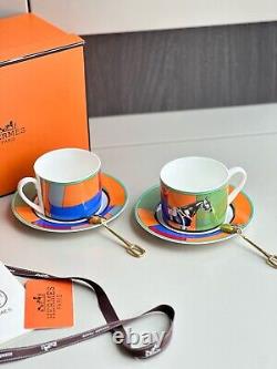 Hermès Paris Balcon du Guadalquivir Porcelain Tea Cup and Saucer Set Of Two