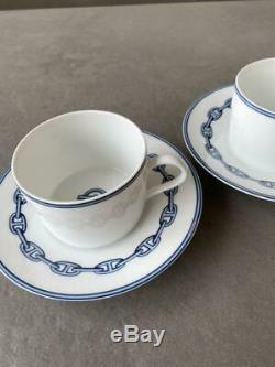 Hermes Paris Chaine d'Ancre Porcelain 2 Set Tea Coffee Cups & Saucer Tableware