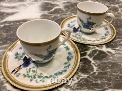 Hermes Paris Porcelain Demitasse Cup and Saucer Set of 2 Toucans Tableware Used