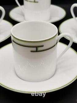 Hermes Paris Rhythm Rythme Demitasse Cup & Saucer Set of 4 Porcelain Green White