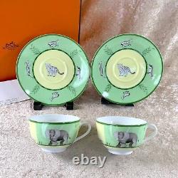 Hermes Paris Tea Cup Saucer Africa Green Porcelain Tableware 2 Sets withBox