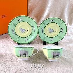 Hermes Paris Tea Cup & Saucer Africa Green Porcelain Tableware 2 Sets withCase