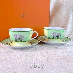 Hermes Paris Tea Cup & Saucer Africa Green Porcelain Tableware 2 Sets withCase