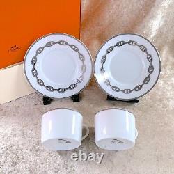 Hermes Paris Tea Cup & Saucer Chaine d'Ancre Platinum Porcelain 2 Sets withBox