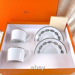 Hermes Paris Tea Cup & Saucer Chaine d'Ancre Platinum Porcelain 2 Sets withBox