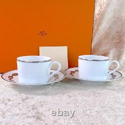 Hermes Paris Tea Cup & Saucer Chaine d'Ancre Platinum Porcelain 2 Sets withBox