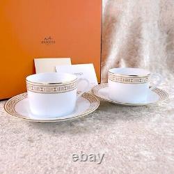 Hermes Paris Tea Cup & Saucer Egee Soleil Porcelain Tableware 2 Sets with Case