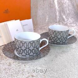 Hermes Paris Tea Cup & Saucer Fil d'Argent Platinum 2 Sets Porcelain with Case