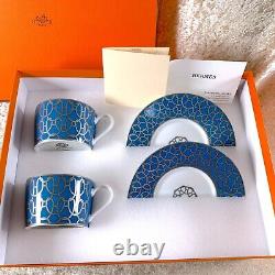 Hermes Paris Tea Cup & Saucer Fil d'Argent RARE Blue 2 Sets Porcelain with Case