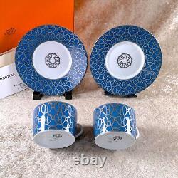 Hermes Paris Tea Cup & Saucer Fil d'Argent RARE Blue 2 Sets Porcelain with Case