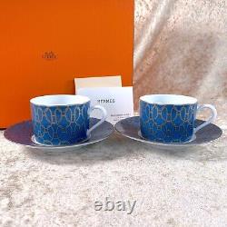 Hermes Paris Tea Cup & Saucer Fil d'Argent RARE Blue 2 Sets Porcelain with Case