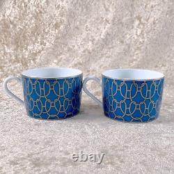 Hermes Paris Tea Cup & Saucer Fil d'Argent RARE Blue 2 Sets Porcelain with Case