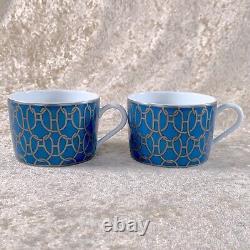 Hermes Paris Tea Cup & Saucer Fil d'Argent RARE Blue 2 Sets Porcelain with Case