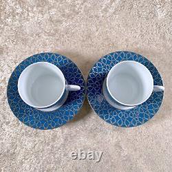 Hermes Paris Tea Cup & Saucer Fil d'Argent RARE Blue 2 Sets Porcelain with Case